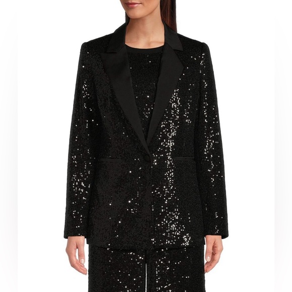 Gibson Latimer Long Sleeve Satin Contrast Sequin Knit Coordinating Blazer - Picture 5 of 9